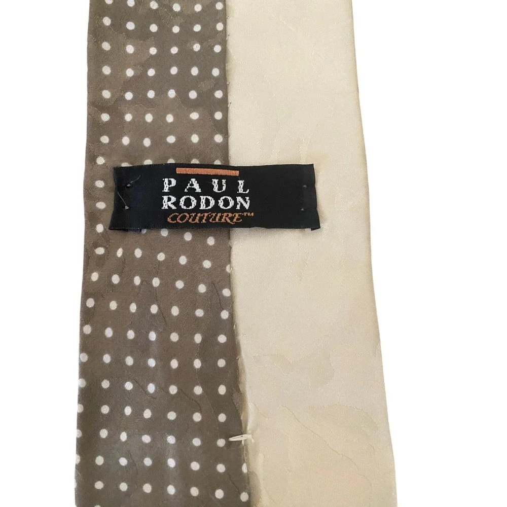 Paul Rodon Couture Men Silk Tie Taupe Polka Dot Abstract Brushstroke Made in USA
